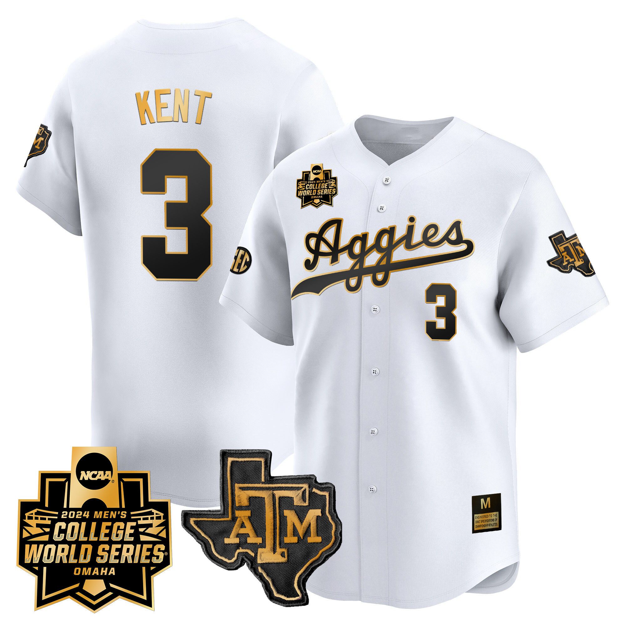 Men Texas A&M Aggies 3 Kent White 2024 College World Series Vapor Premier Limited NCAA Jersey style 1